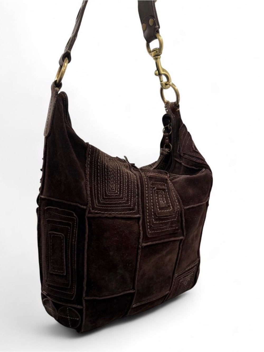 Vintage Coach Mosaic Dark Brown Suede Patchwork Shoulder Bag Geo Pattern unique - Picture 5 of 12